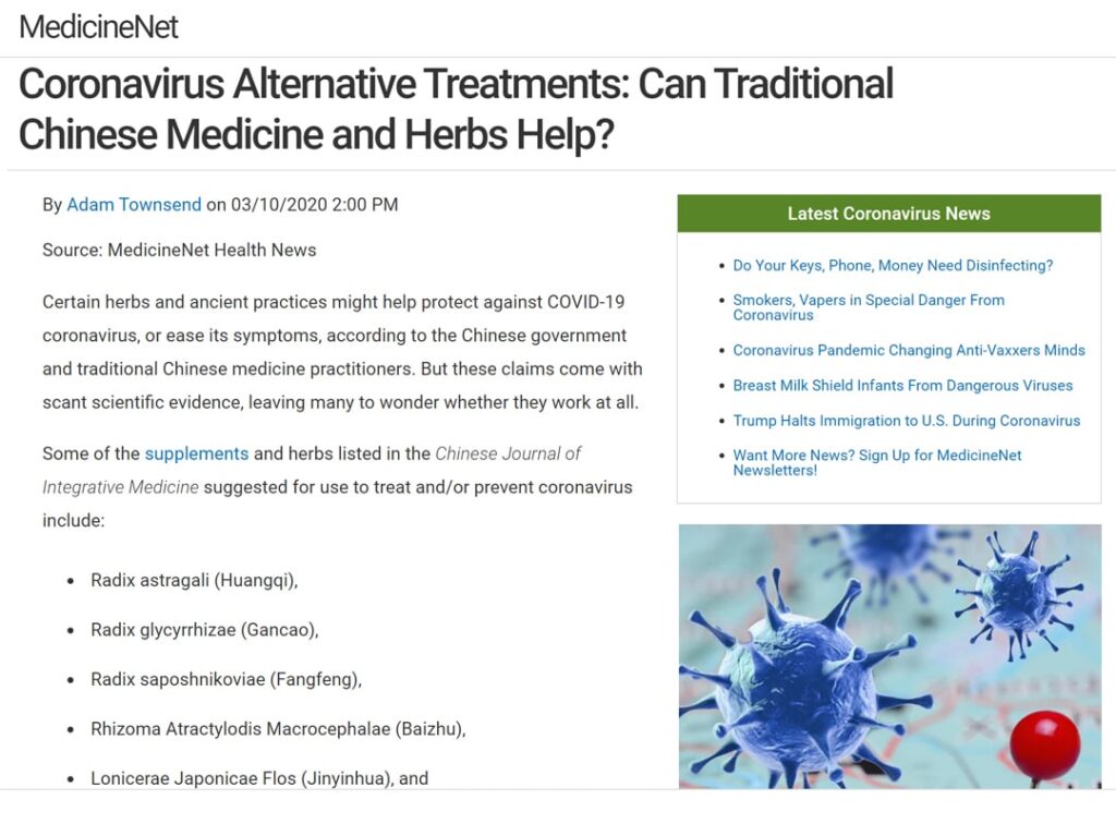 As Seen On MedicineNet Health News: Coronavirus Alternative Treatments &#8211; Can Traditional Chinese Medicine and Herbs Help?